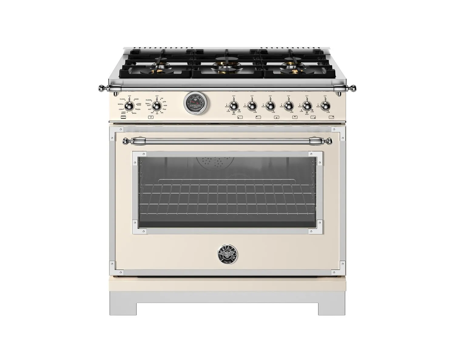 Bertazzoni  HER366BCFEPAVT range_continuous_grates36 Inch Dual Fuel Range, 6 Brass Burner And Cast Iron Griddle, Electric Self-Clean Oven Avorio Professional Ranges 6 burner professional gas range