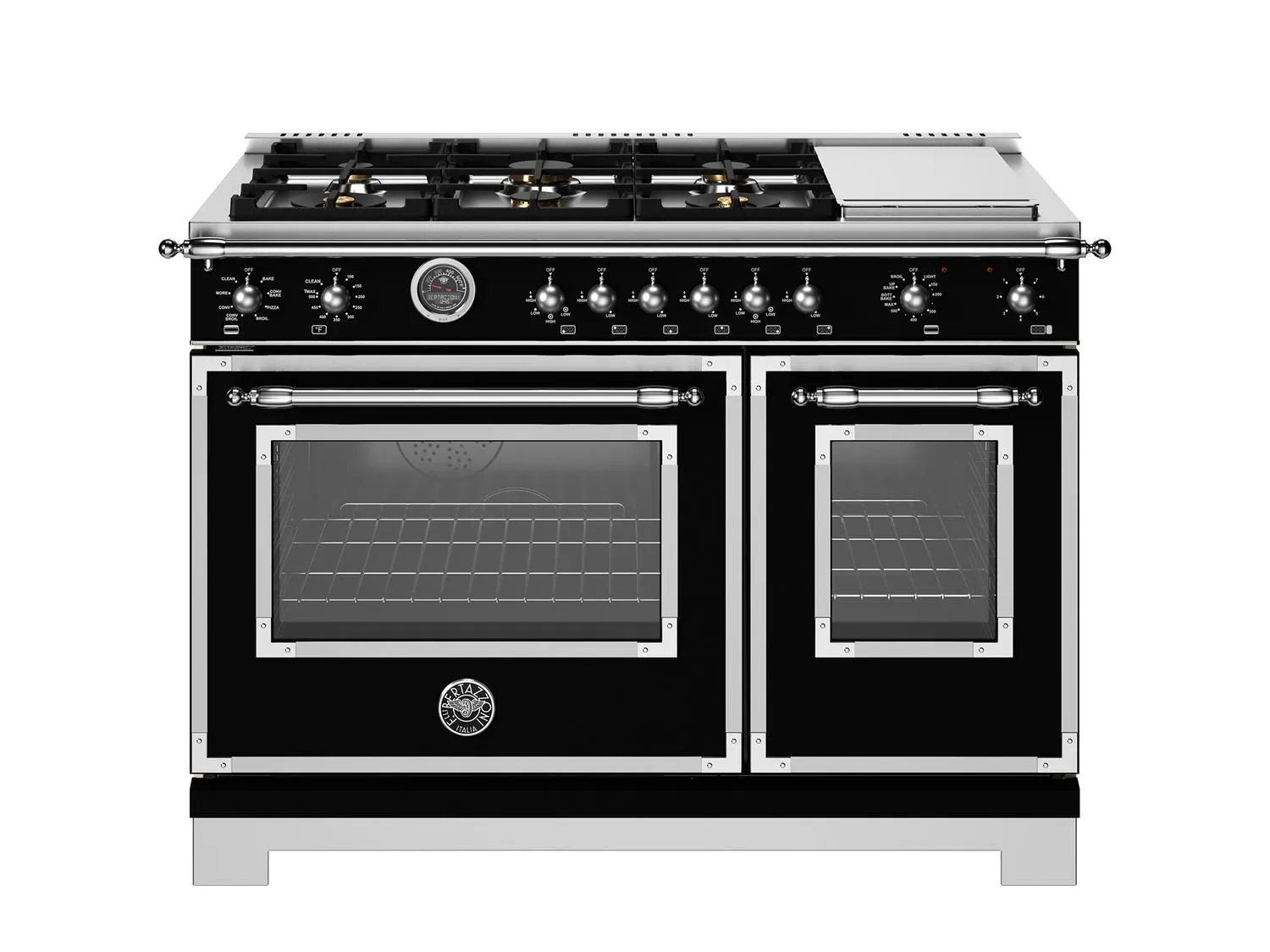 Bertazzoni HER486BTFEPNET 48 Inch Dual Fuel Range, 6 Brass Burners And Griddle, Electric Self-Clean Oven Nero Matt Professional Ranges 6 burner professional gas range