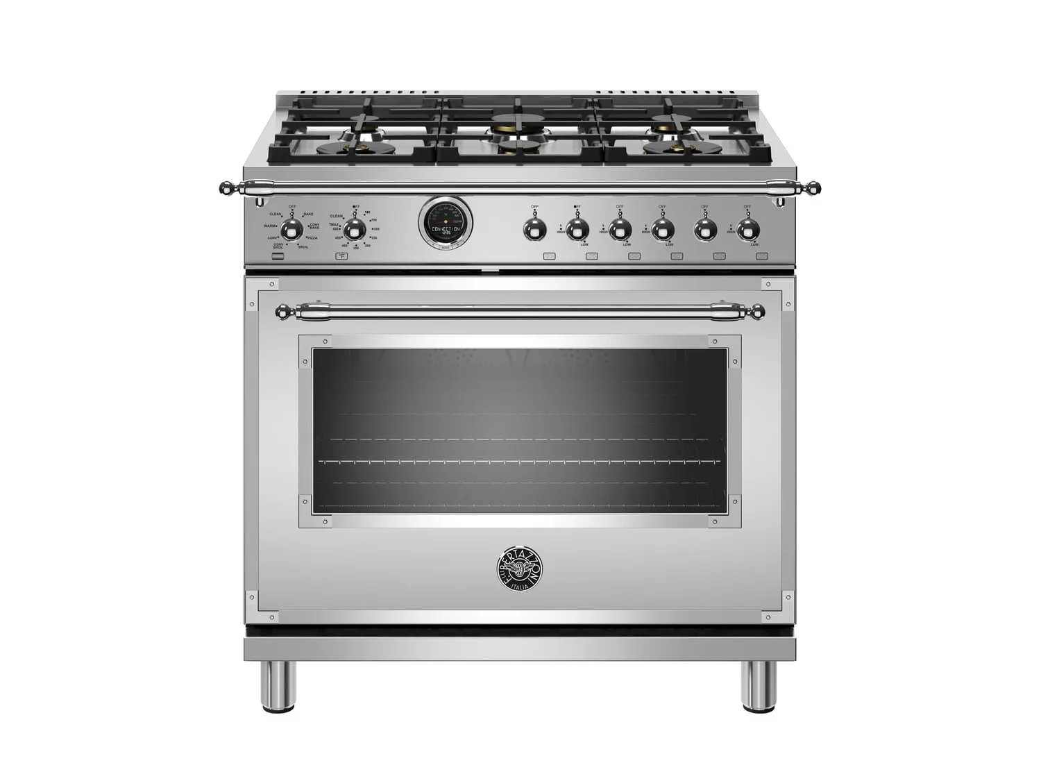 Bertazzoni HERT366DFSXT 36 Inch Dual Fuel Range, 6 Brass Burner, Electric Self-Clean Gray Professional Ranges commercial oven for home kitchen