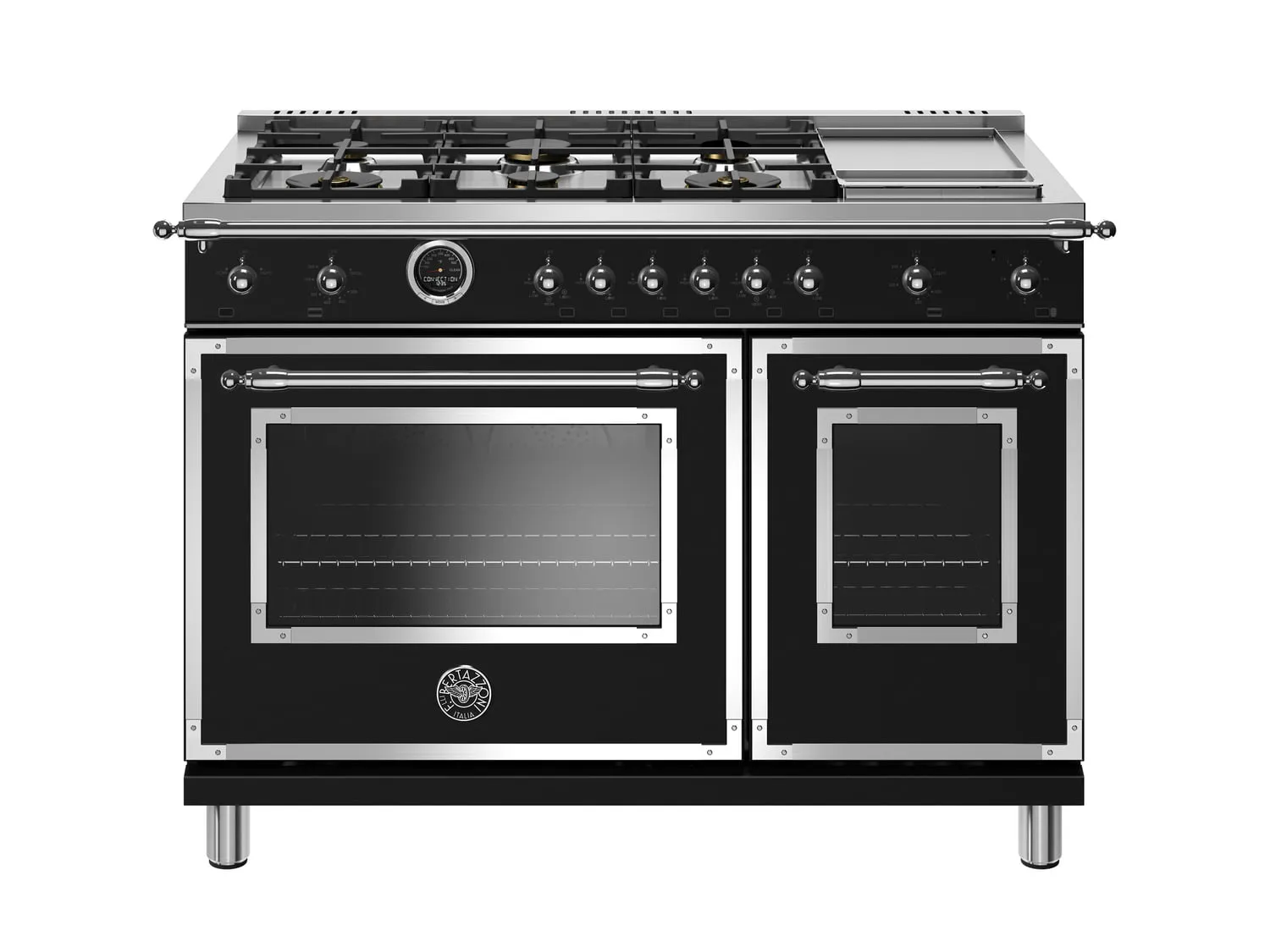 Bertazzoni HERT486GDFSNET 48 Inch Dual Fuel Range, 6 Brass Burners And Griddle, Electric Self Clean Oven Nero Matt Professional Ranges 6 burner professional gas range