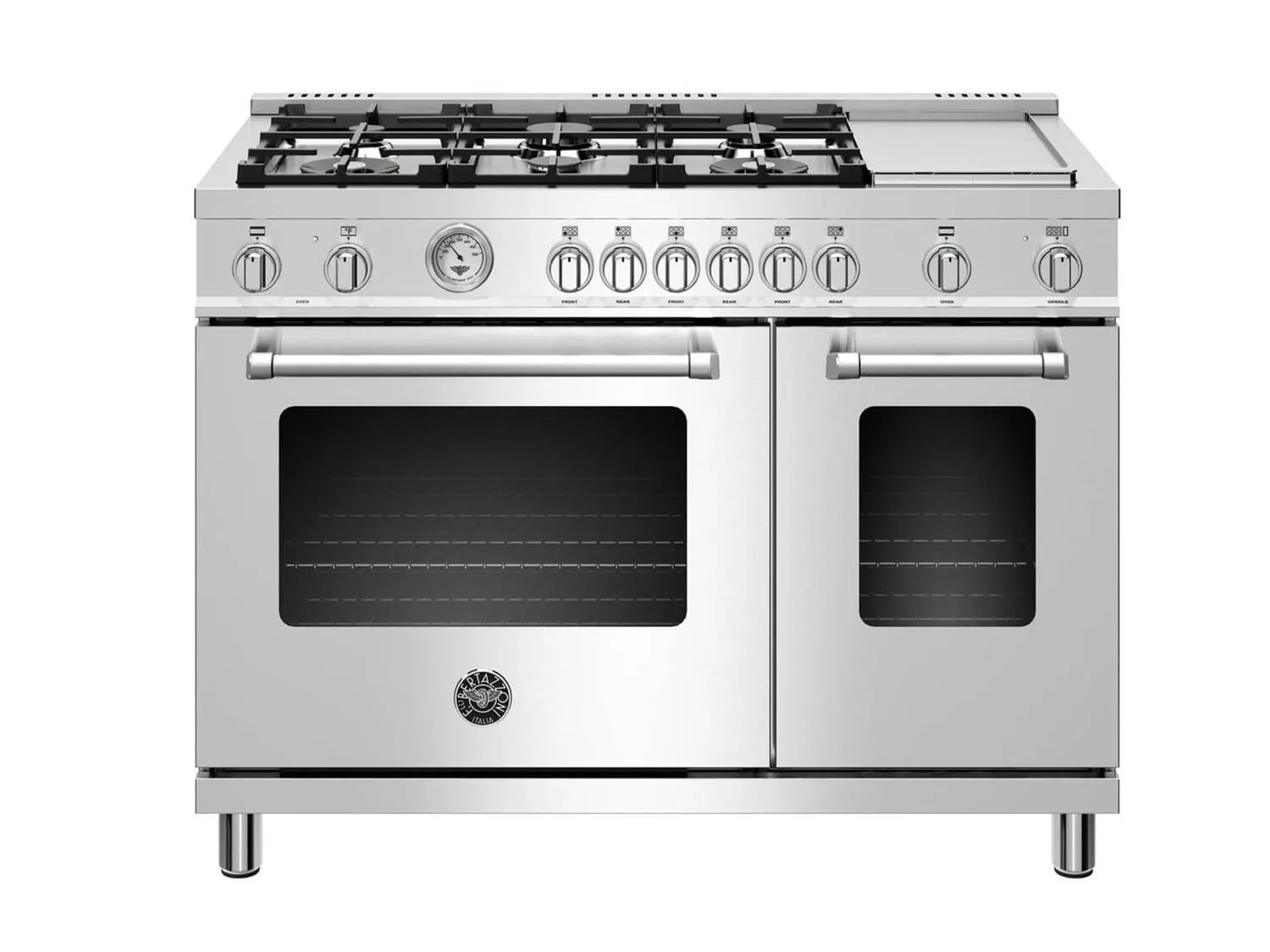 Bertazzoni MAST486GDFMXE 48 Inch Dual Fuel Range, 6 Burners And Griddle, Electric Oven Stainless Steel Professional Ranges commercial oven for home kitchen