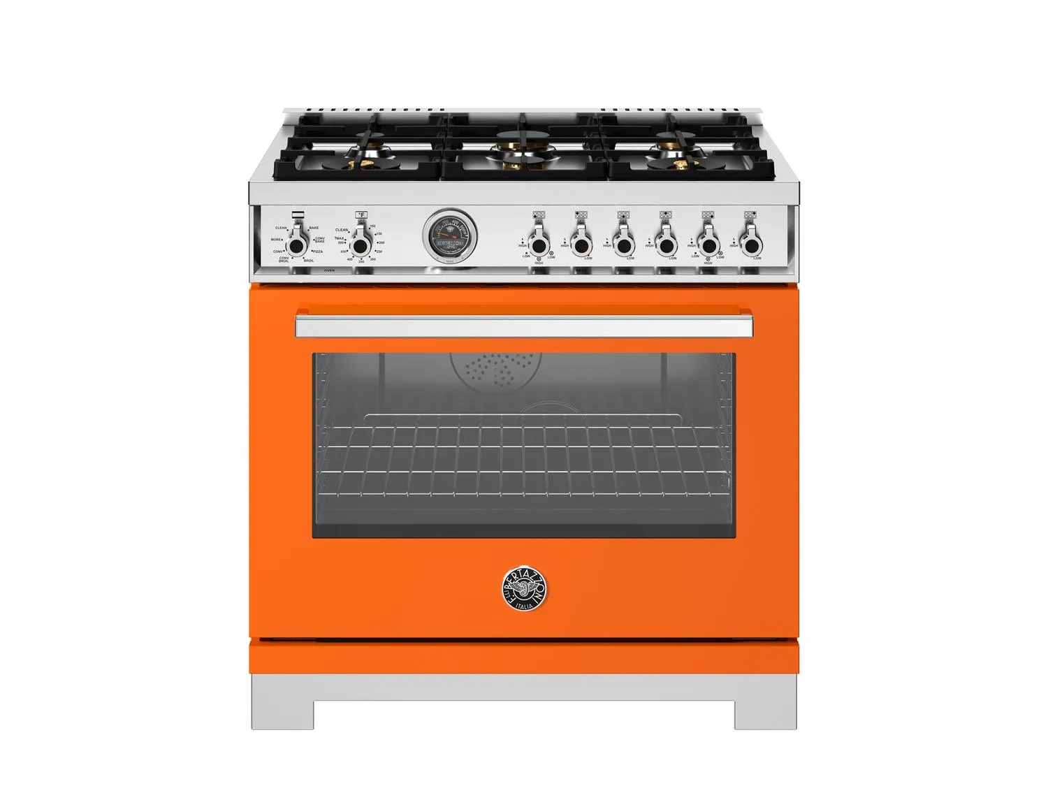 Bertazzoni PRO366BCFEPART 36 Inch Dual Fuel Range, 6 Brass Burners And Cast Iron Griddle, Electric Self-Clean Oven Arancio Professional Ranges 6 burner professional gas range