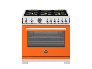 Bertazzoni PRO366BCFEPART 36 Inch Dual Fuel Range, 6 Brass Burners And Cast Iron Griddle, Electric Self-Clean Oven Arancio Professional Ranges 6 burner professional gas range