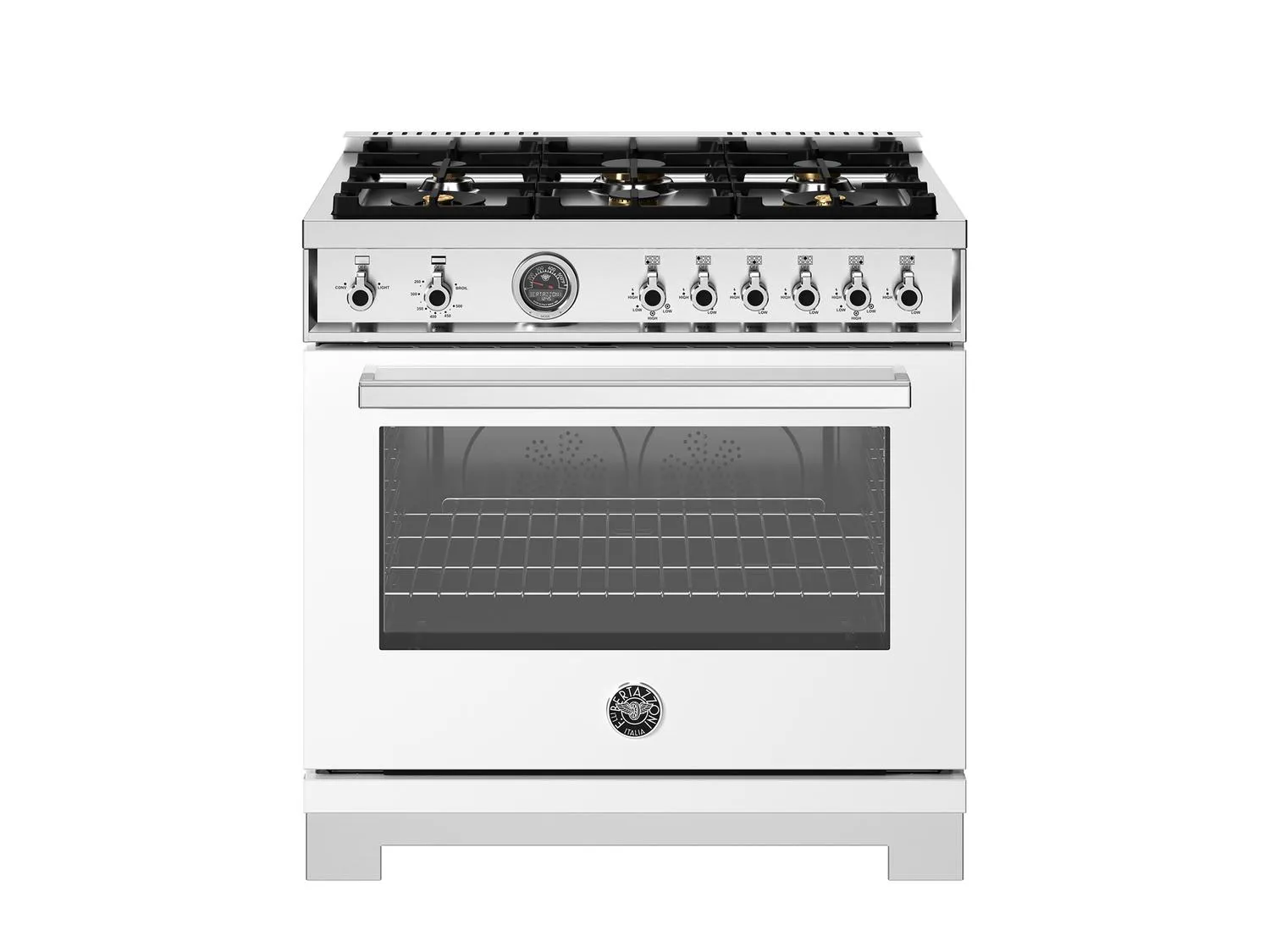 Bertazzoni PRO366BCFGMBIT 36 Inch All Gas Range, 6 Brass Burners And Cast Iron Griddle Bianco Professional Ranges 6 burner professional gas range