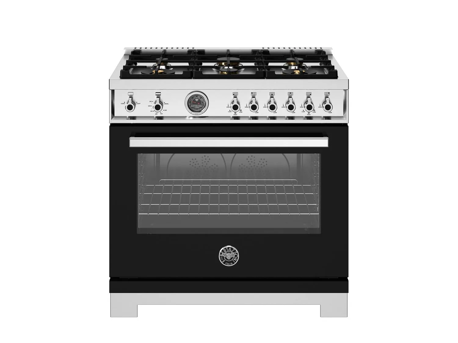 Bertazzoni PRO366BCFGMNET 36 Inch All Gas Range, 6 Brass Burners And Cast Iron Griddle Nero Professional Ranges 6 burner professional gas range
