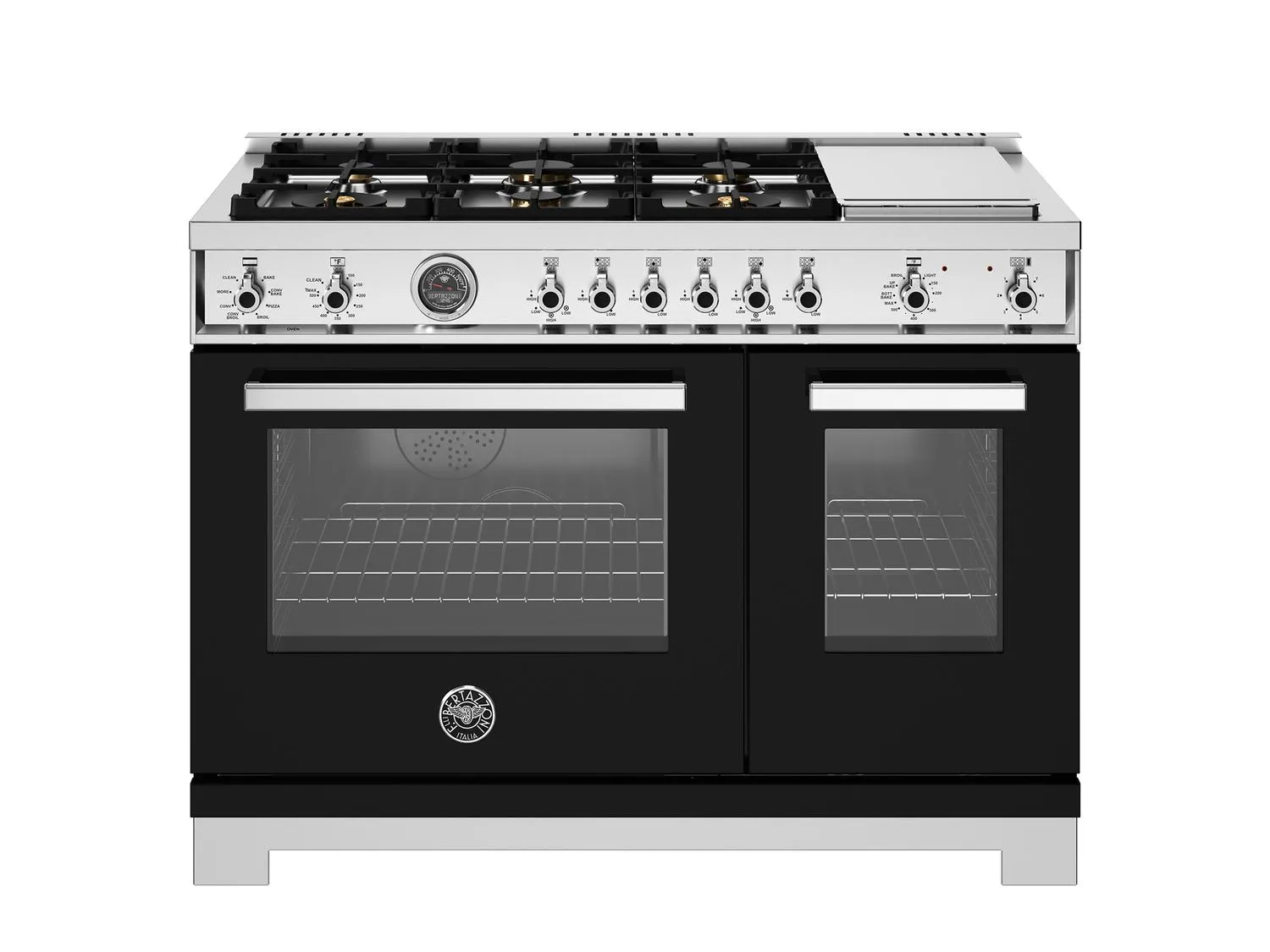 Bertazzoni PRO486BTFEPNET 48 Inch Dual Fuel Range, 6 Brass Burners And Griddle, Electric Self-Clean Oven Nero Professional Ranges 6 burner professional gas range