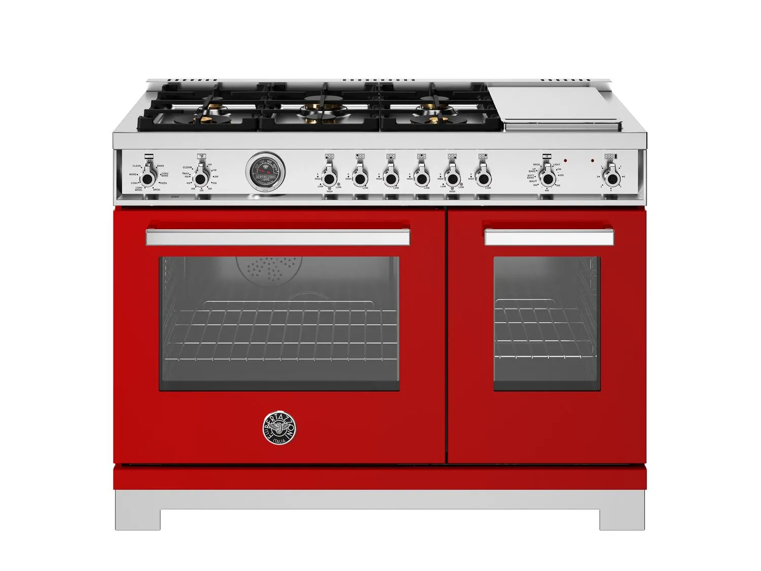 Bertazzoni PRO486BTFEPROT 48 Inch Dual Fuel Range, 6 Brass Burners And Griddle, Electric Self-Clean Oven Rosso Professional Ranges 6 burner professional gas range