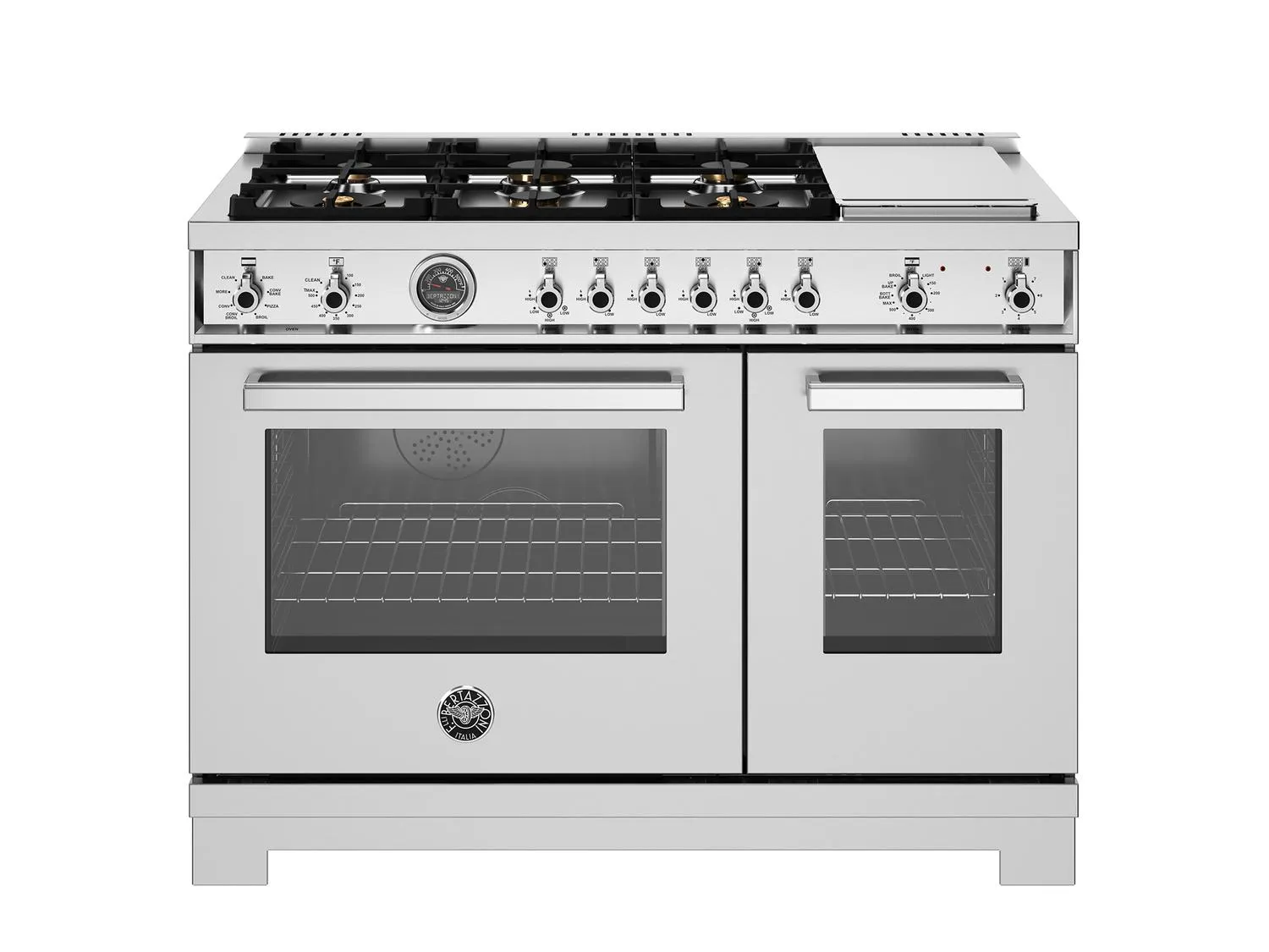 Bertazzoni PRO486BTFEPXT 48 Inch Dual Fuel Range, 6 Brass Burners And Griddle, Electric Self-Clean Oven Stainless Steel Professional Ranges 6 burner professional gas range