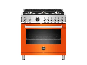 Bertazzoni PROF366DFSART 36 Inch Dual Fuel Range, 6 Brass Burner, Electric Self-Clean Orange Professional Ranges 6 burner professional gas range