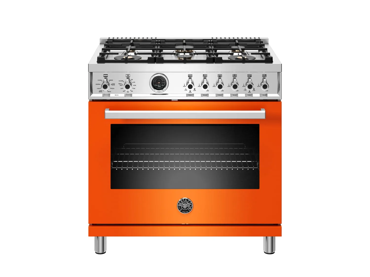 Bertazzoni PROF366DFSART 36 Inch Dual Fuel Range, 6 Brass Burner, Electric Self-Clean Orange Professional Ranges 6 burner professional gas range