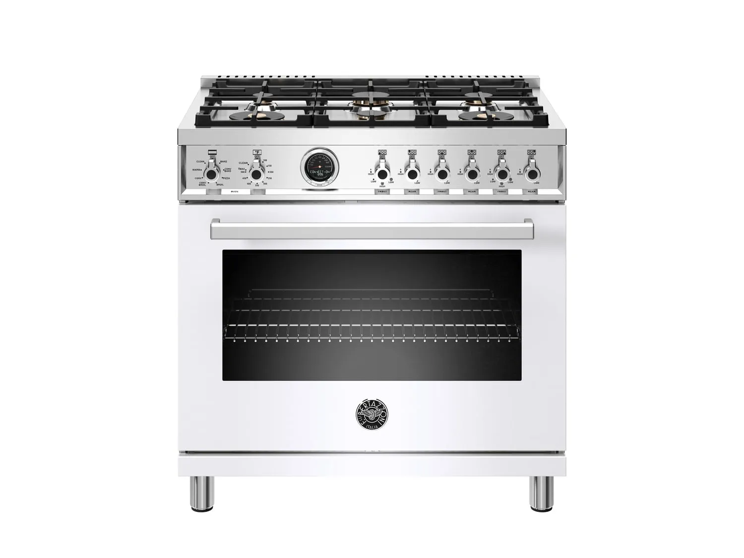 Bertazzoni PROF366DFSBIT 36 Inch Dual Fuel Range, 6 Brass Burner, Electric Self-Clean White Professional Ranges commercial oven for home kitchen