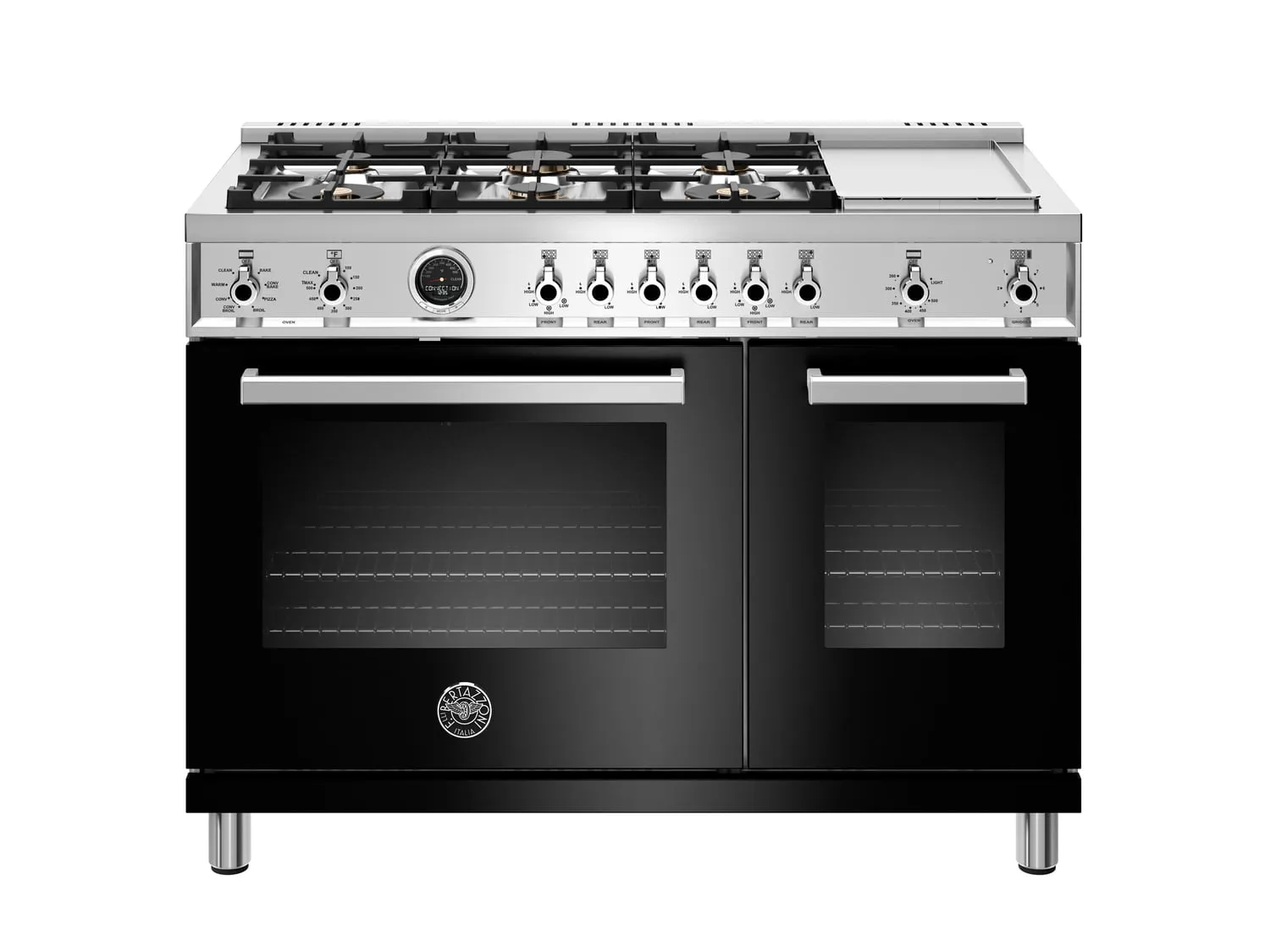 Bertazzoni PROF486GDFSNET 48 Inch Dual Fuel Range, 6 Brass Burners And Griddle , Electric Self Clean Oven Nero Professional Ranges 6 burner professional gas range