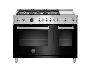 Bertazzoni PROF486GDFSNET 48 Inch Dual Fuel Range, 6 Brass Burners And Griddle , Electric Self Clean Oven Nero Professional Ranges 6 burner professional gas range