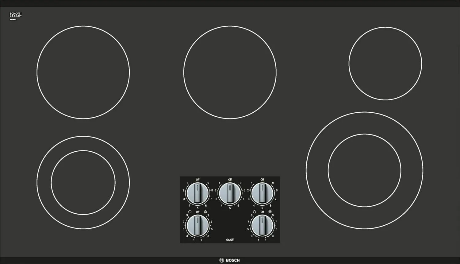 Bosch NEM5666UC 500 Series, 36" Knob Cnt, 5 Element, Elec. C-Top Black Electric slide-in electric cooking range