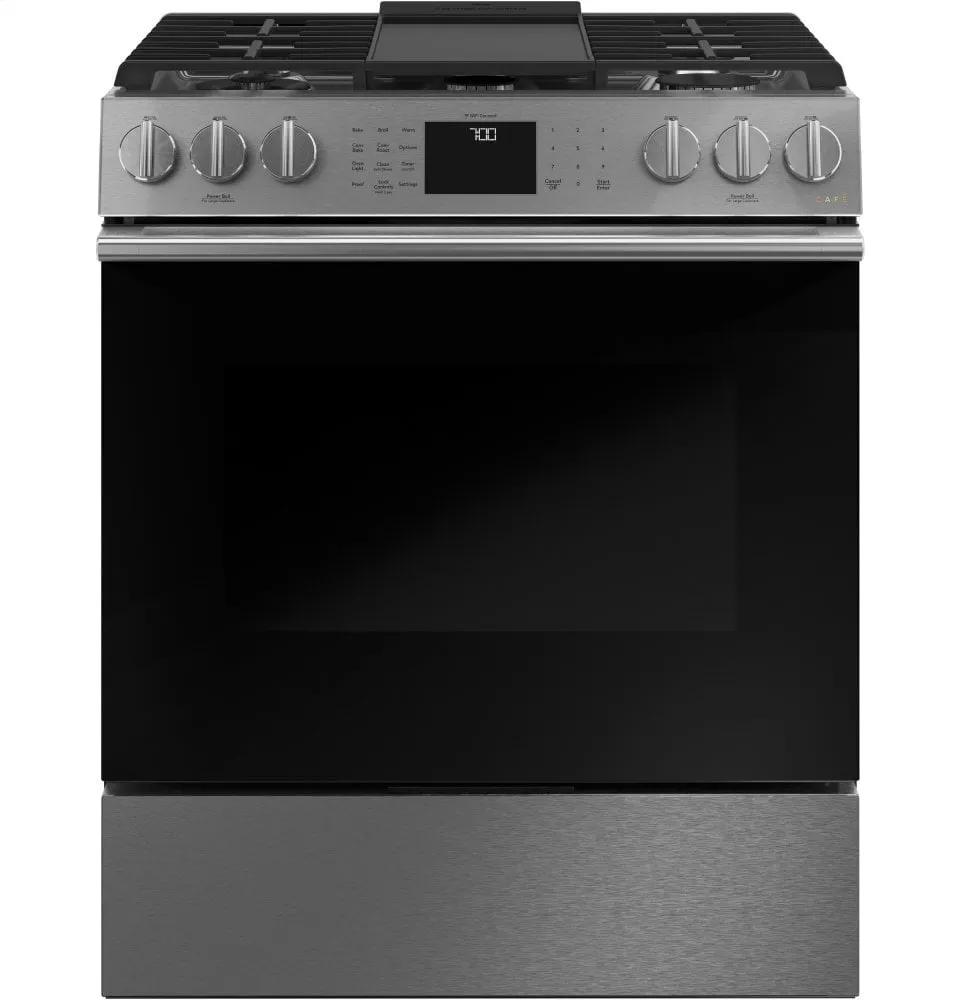 Cafe CGS700M2NS5 Caf 30" Smart Slide-In, Front-Control, Gas Range With Convection Oven In Platinum Glass