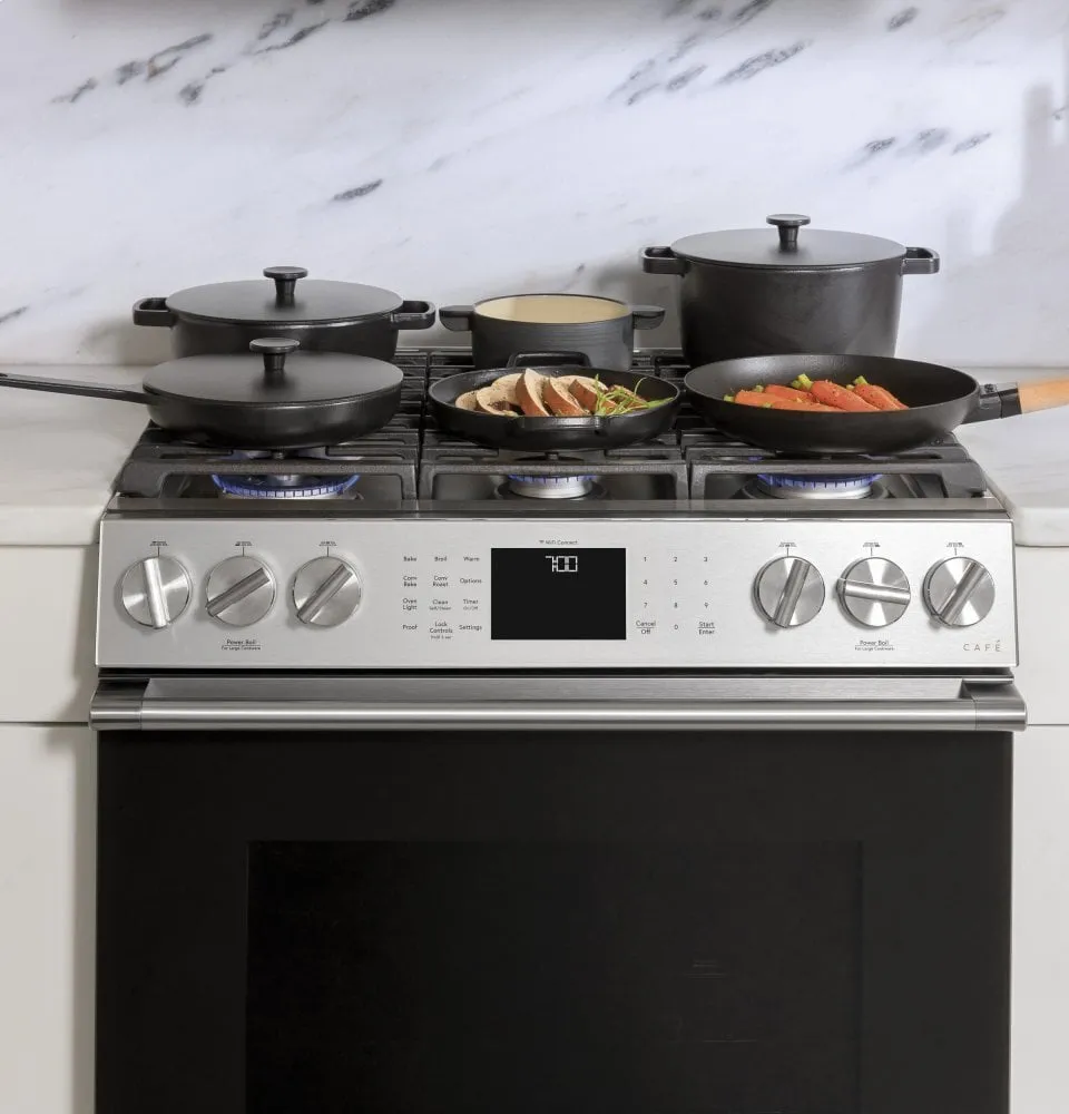 Cafe CGS700M2NS5 Caf 30" Smart Slide-In, Front-Control, Gas Range With Convection Oven In Platinum Glass