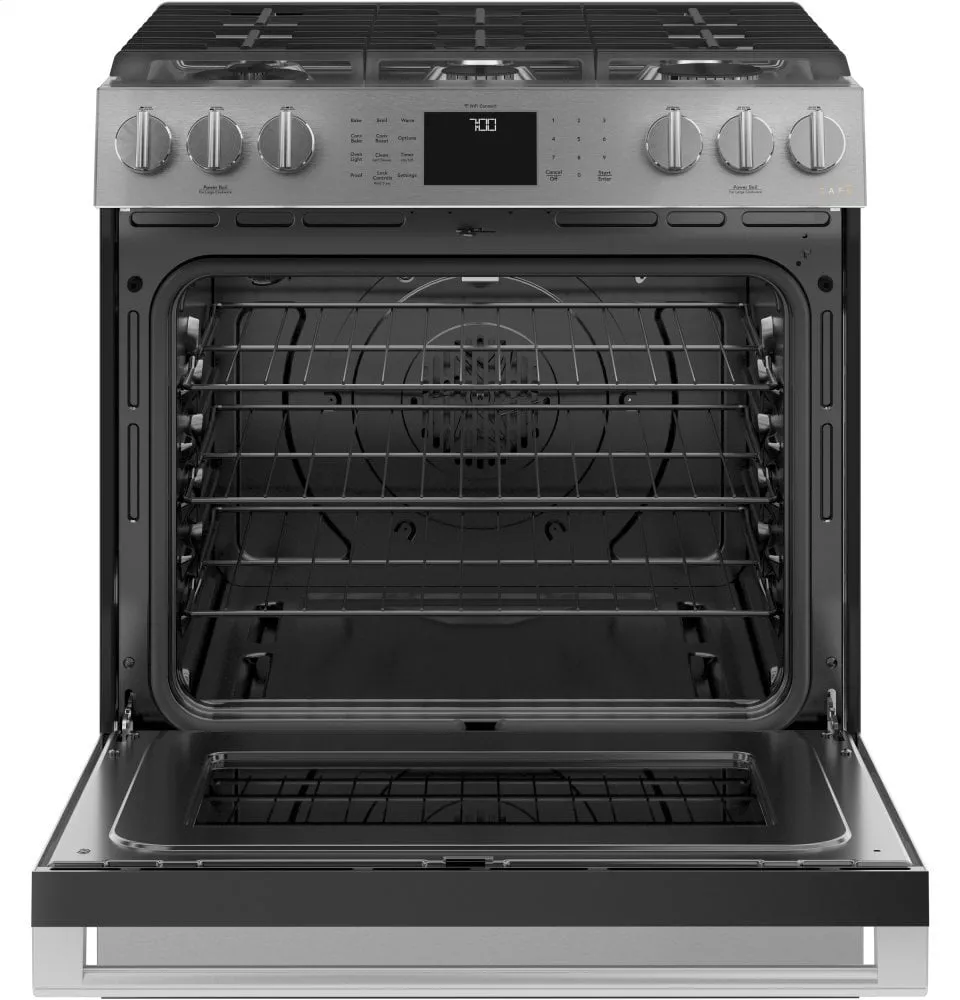 Cafe CGS700M2NS5 Caf 30" Smart Slide-In, Front-Control, Gas Range With Convection Oven In Platinum Glass