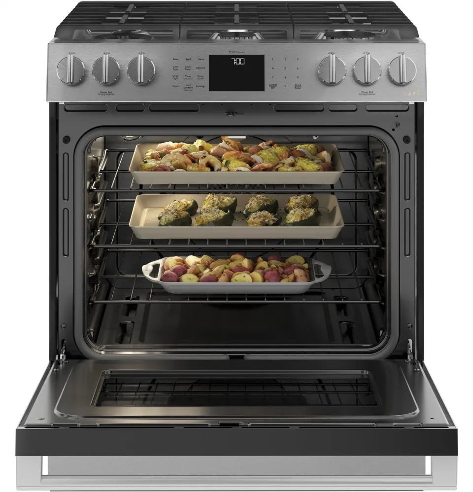Cafe CGS700M2NS5 Caf 30" Smart Slide-In, Front-Control, Gas Range With Convection Oven In Platinum Glass