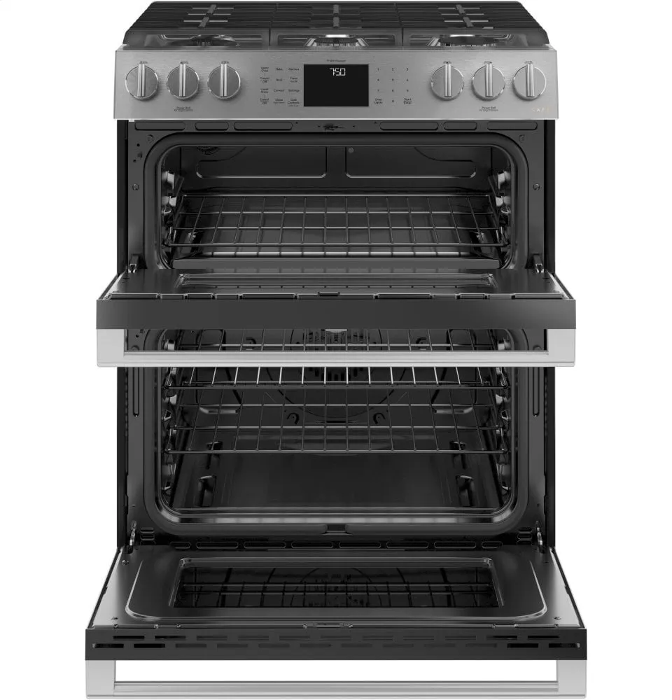 Cafe CGS750M2NS5 Caf 30" Smart Slide-In, Front-Control, Gas Double-Oven Range With Convection In Platinum Glass