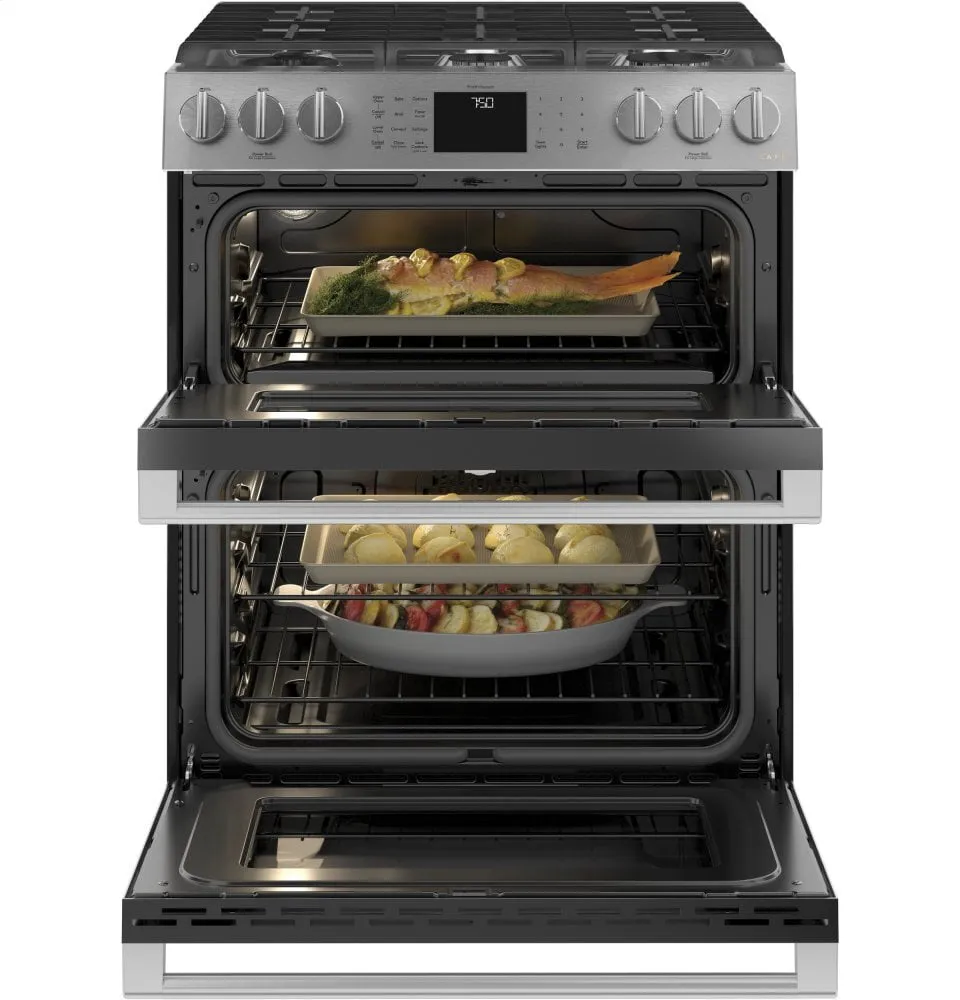 Cafe CGS750M2NS5 Caf 30" Smart Slide-In, Front-Control, Gas Double-Oven Range With Convection In Platinum Glass