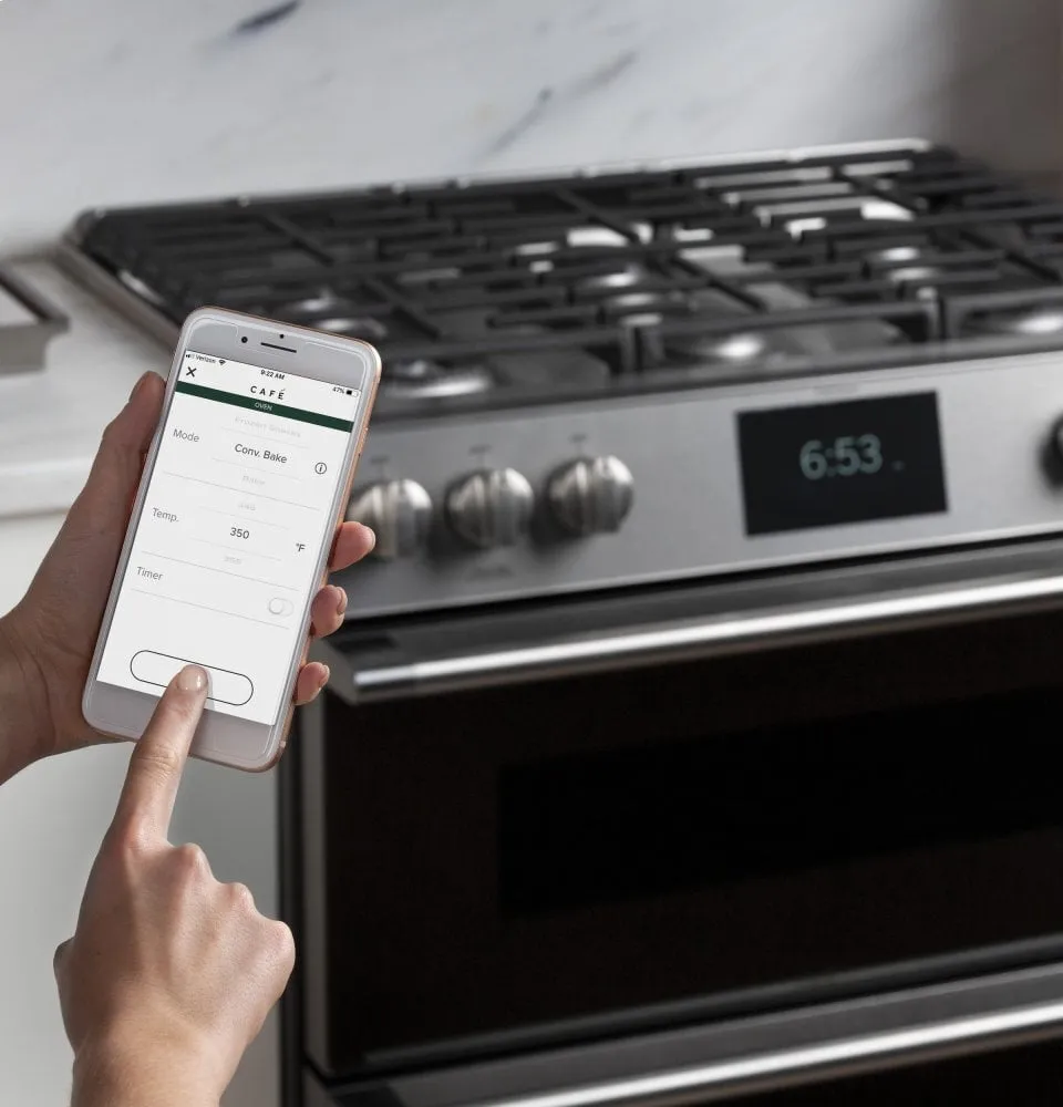 Cafe CGS750M2NS5 Caf 30" Smart Slide-In, Front-Control, Gas Double-Oven Range With Convection In Platinum Glass