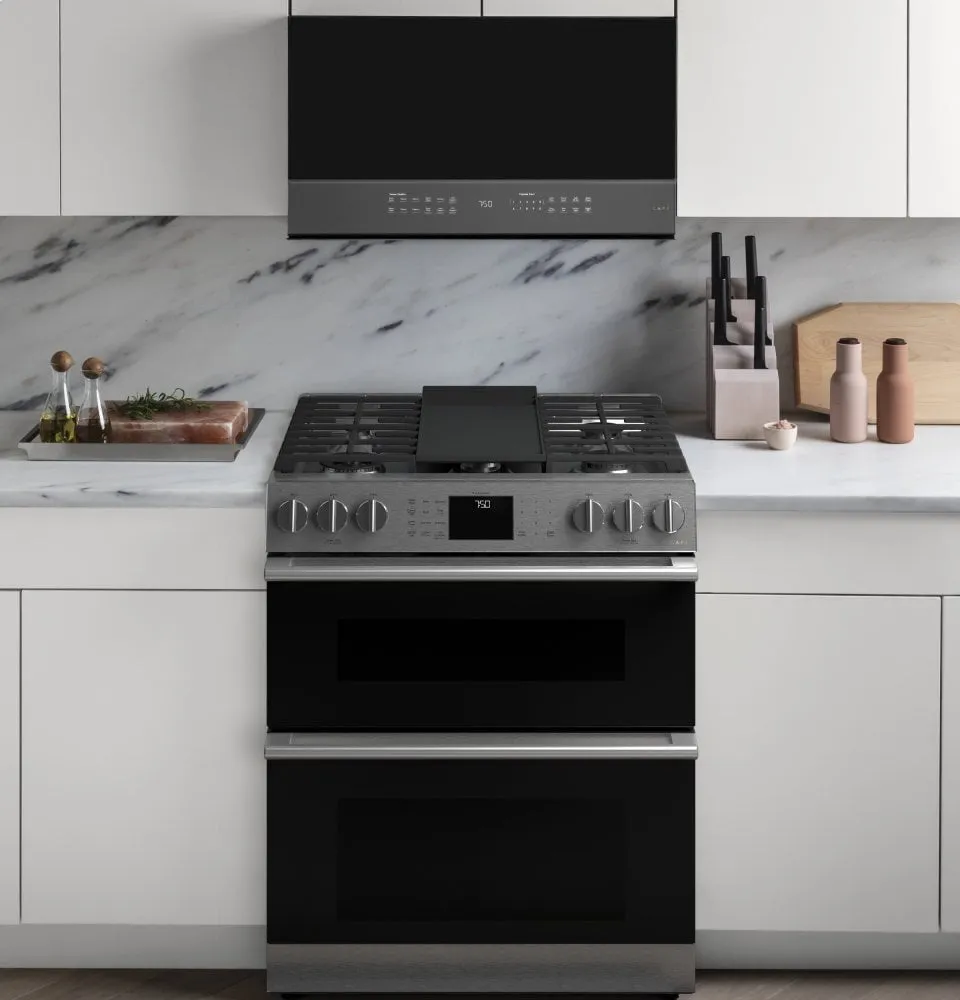 Cafe CGS750M2NS5 Caf 30" Smart Slide-In, Front-Control, Gas Double-Oven Range With Convection In Platinum Glass