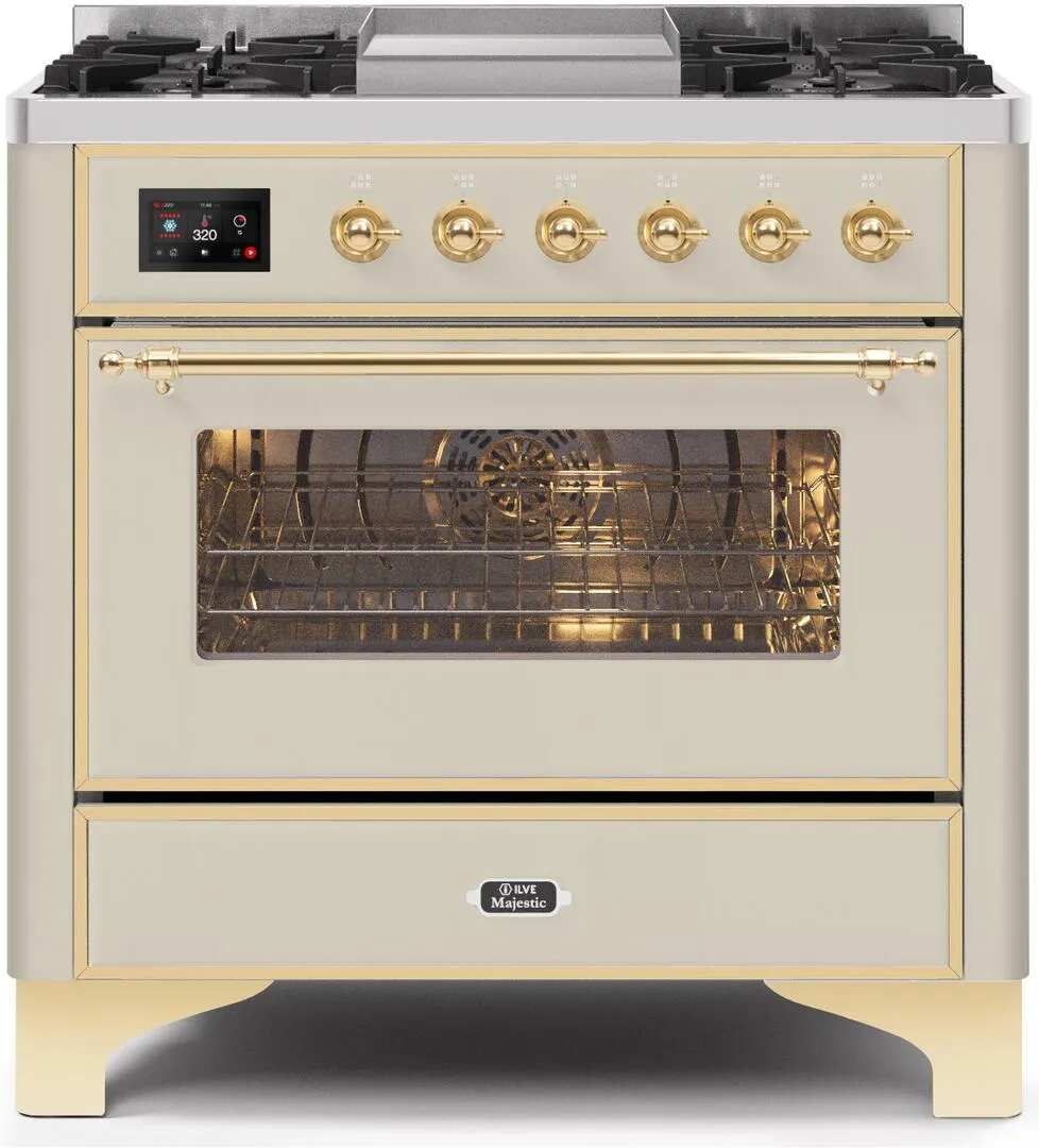 Ilve UM09FDNS3AWG Majestic Ii 36 Inch Dual Fuel Natural Gas Freestanding Range In Antique White With Brass Trim Freestanding Ranges freestanding dual fuel range 30 inch