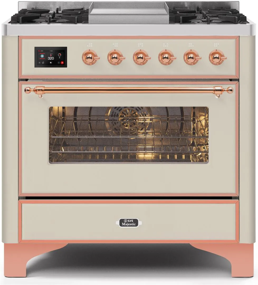Ilve UM09FDNS3AWP Majestic Ii 36 Inch Dual Fuel Natural Gas Freestanding Range In Antique White With Copper Trim Freestanding Ranges freestanding dual fuel range 30 inch