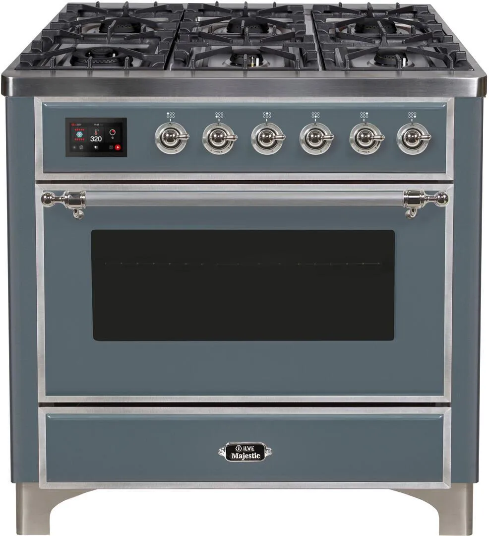 Ilve UM09FDNS3BGC Majestic Ii 36 Inch Dual Fuel Natural Gas Freestanding Range In Blue Grey With Chrome Trim Freestanding Ranges freestanding dual fuel range 30 inch