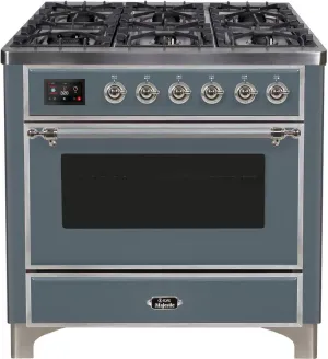 Ilve UM09FDNS3BGC Majestic Ii 36 Inch Dual Fuel Natural Gas Freestanding Range In Blue Grey With Chrome Trim Freestanding Ranges freestanding dual fuel range 30 inch