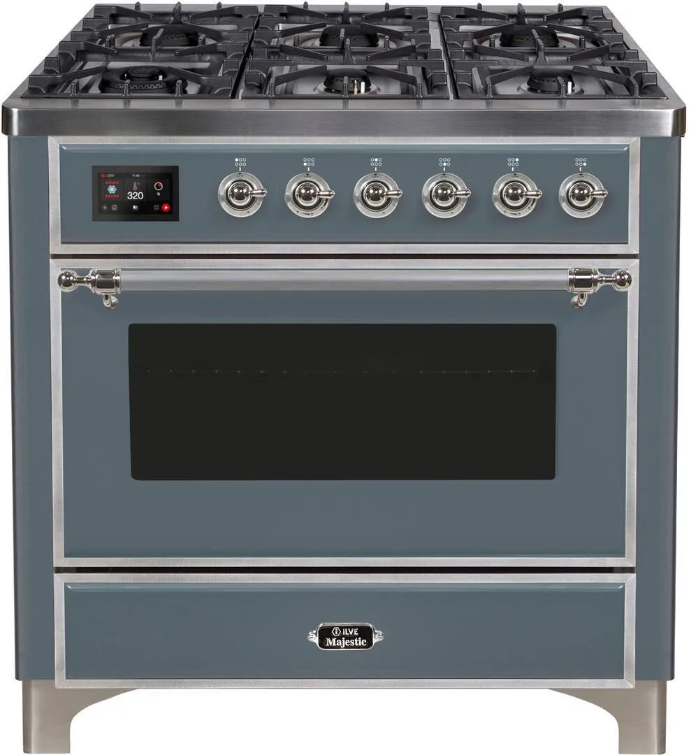 Ilve UM09FDNS3BGCLP Majestic Ii 36 Inch Dual Fuel Liquid Propane Freestanding Range In Blue Grey With Chrome Trim Freestanding Ranges freestanding dual fuel range 30 inch