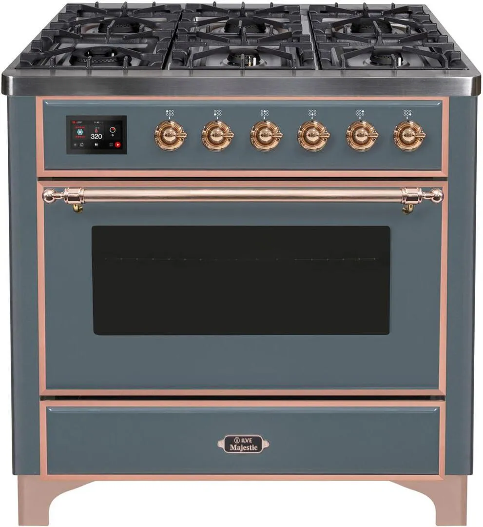 Ilve UM09FDNS3BGPLP Majestic Ii 36 Inch Dual Fuel Liquid Propane Freestanding Range In Blue Grey With Copper Trim Freestanding Ranges freestanding dual fuel range 30 inch