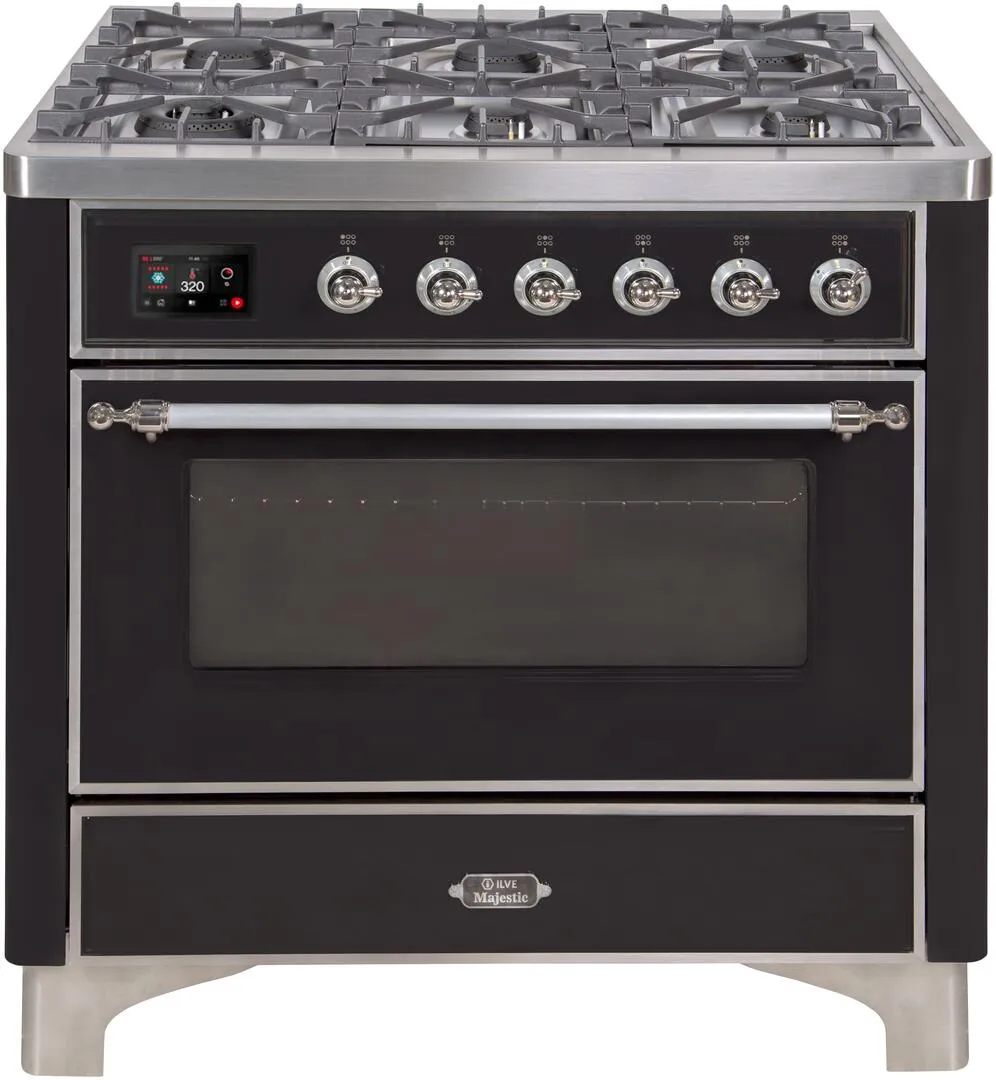 Ilve UM09FDNS3BKCLP Majestic Ii 36 Inch Dual Fuel Liquid Propane Freestanding Range In Glossy Black With Chrome Trim Freestanding Ranges freestanding dual fuel range 30 inch