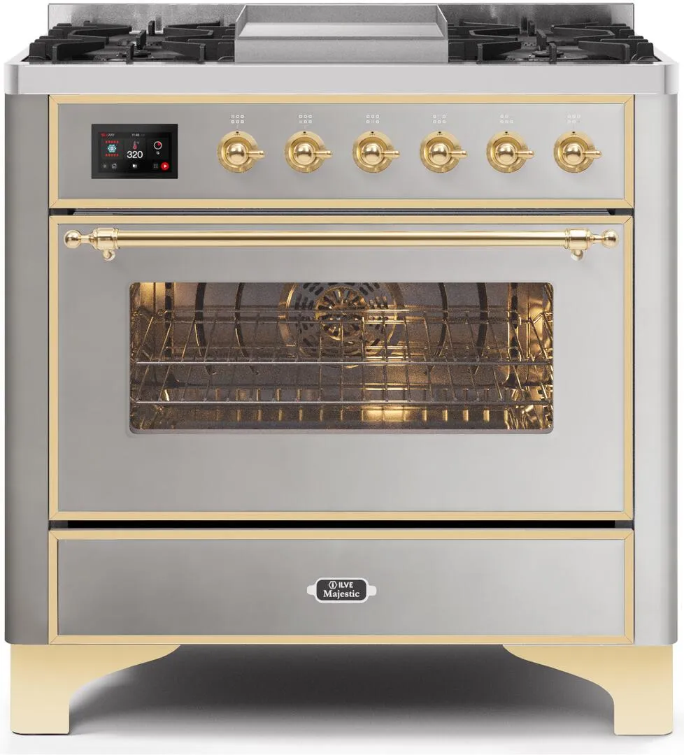 Ilve UM09FDNS3SSG Majestic Ii 36 Inch Dual Fuel Natural Gas Freestanding Range In Stainless Steel With Brass Trim Freestanding Ranges freestanding dual fuel range 30 inch