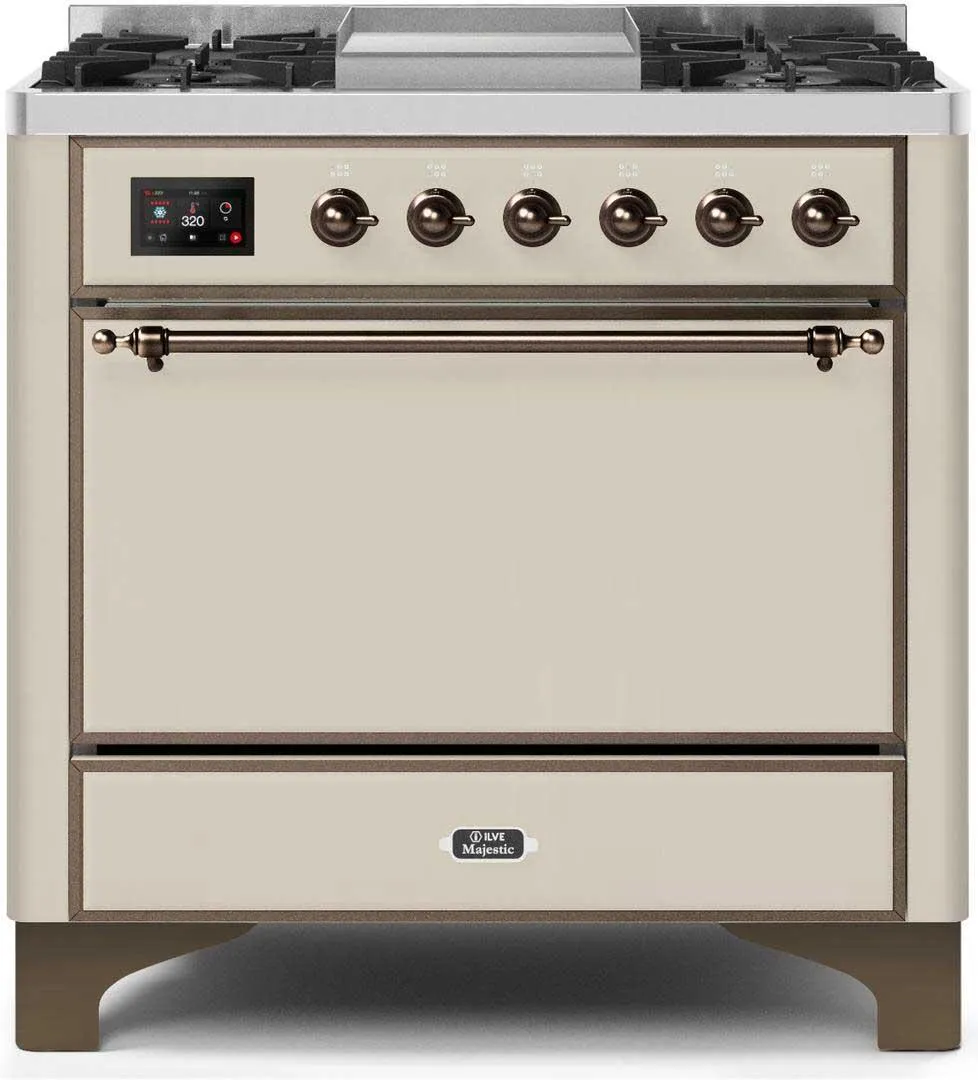 Ilve UM09FDQNS3AWB Majestic Ii 36 Inch Dual Fuel Natural Gas Freestanding Range In Antique White With Bronze Trim Freestanding Ranges freestanding dual fuel range 30 inch