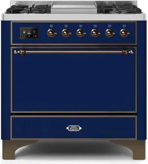 Ilve UM09FDQNS3MBB Majestic Ii 36 Inch Dual Fuel Natural Gas Freestanding Range In Blue With Bronze Trim Freestanding Ranges freestanding dual fuel range 30 inch