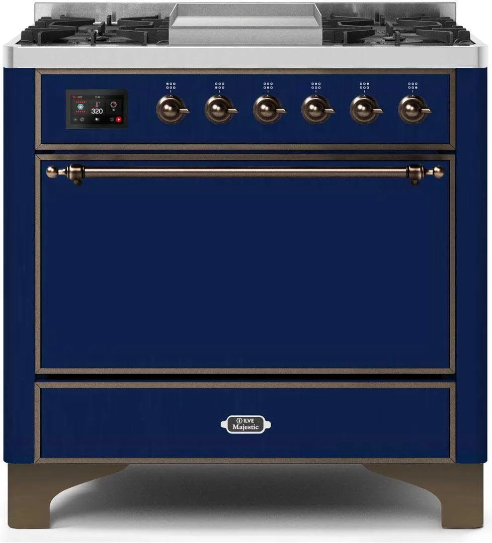 Ilve UM09FDQNS3MBB Majestic Ii 36 Inch Dual Fuel Natural Gas Freestanding Range In Blue With Bronze Trim Freestanding Ranges freestanding dual fuel range 30 inch