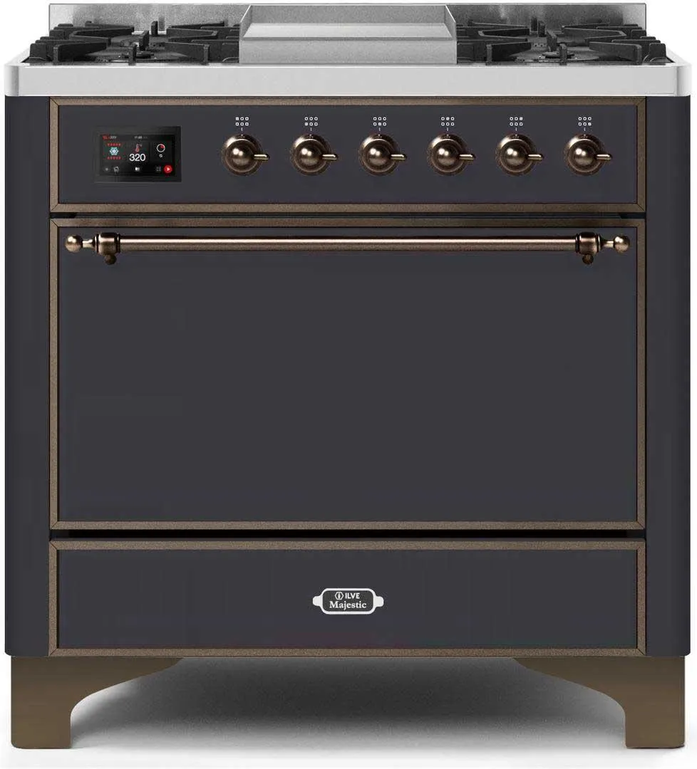 Ilve UM09FDQNS3MGBLP Majestic Ii 36 Inch Dual Fuel Liquid Propane Freestanding Range In Matte Graphite With Bronze Trim Freestanding Ranges freestanding dual fuel range 30 inch