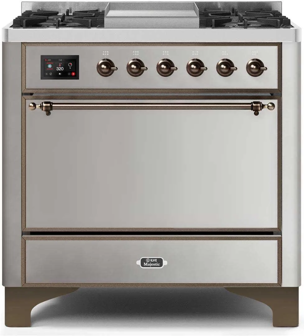 Ilve UM09FDQNS3SSB Majestic Ii 36 Inch Dual Fuel Natural Gas Freestanding Range In Stainless Steel With Bronze Trim Freestanding Ranges freestanding dual fuel range 30 inch