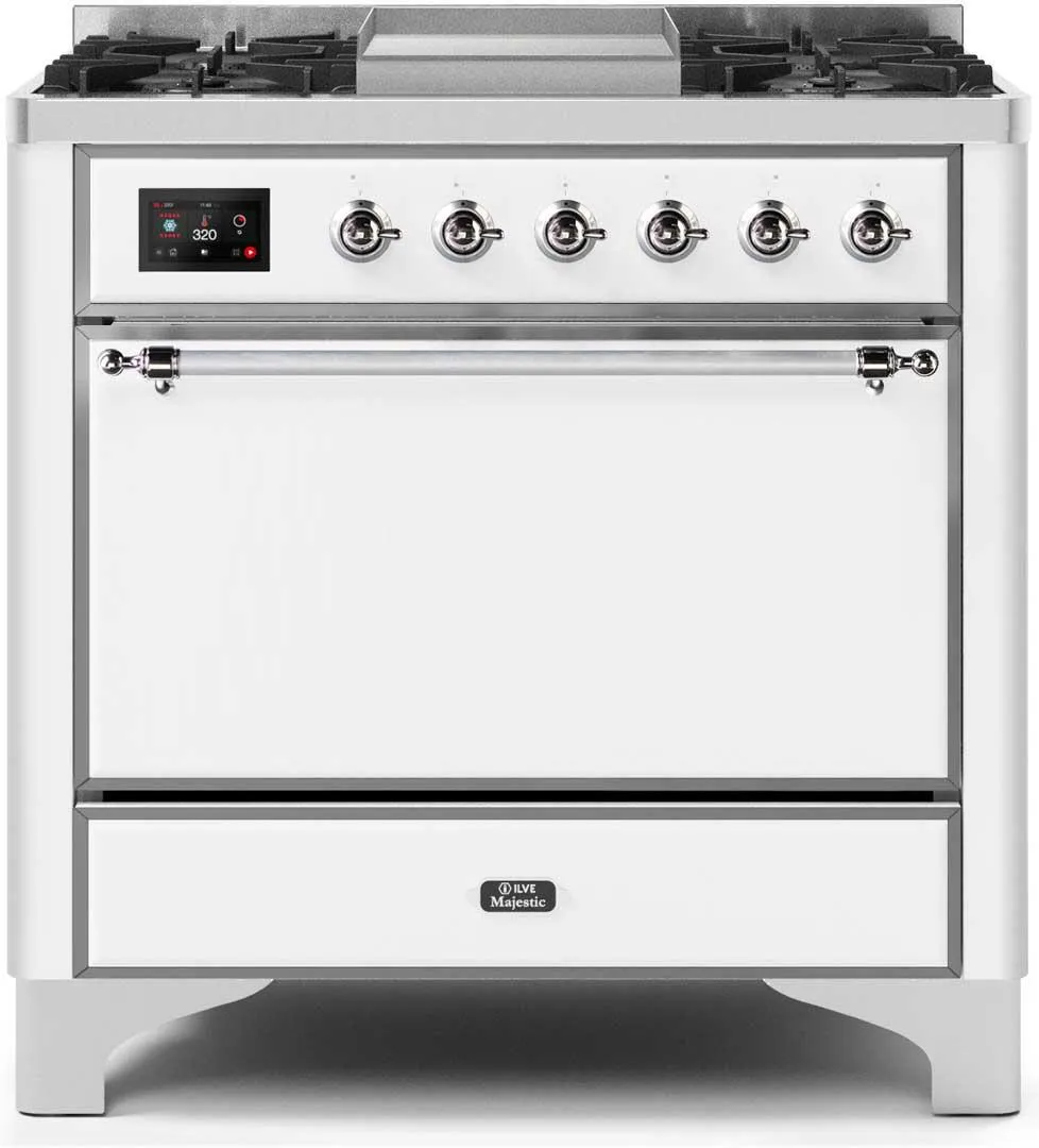 Ilve UM09FDQNS3WHC Majestic Ii 36 Inch Dual Fuel Natural Gas Freestanding Range In White With Chrome Trim Freestanding Ranges freestanding dual fuel range 30 inch