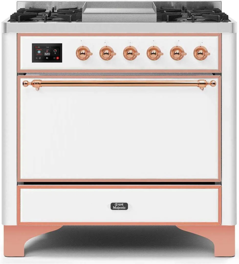 Ilve UM09FDQNS3WHP Majestic Ii 36 Inch Dual Fuel Natural Gas Freestanding Range In White With Copper Trim Freestanding Ranges freestanding dual fuel range 30 inch