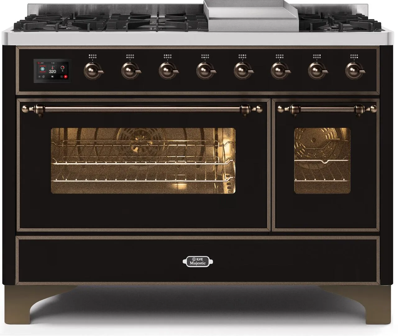 Ilve UM12FDNS3BKB Majestic Ii 48 Inch Dual Fuel Natural Gas Freestanding Range In Glossy Black With Bronze Trim Freestanding Ranges freestanding dual fuel range 30 inch