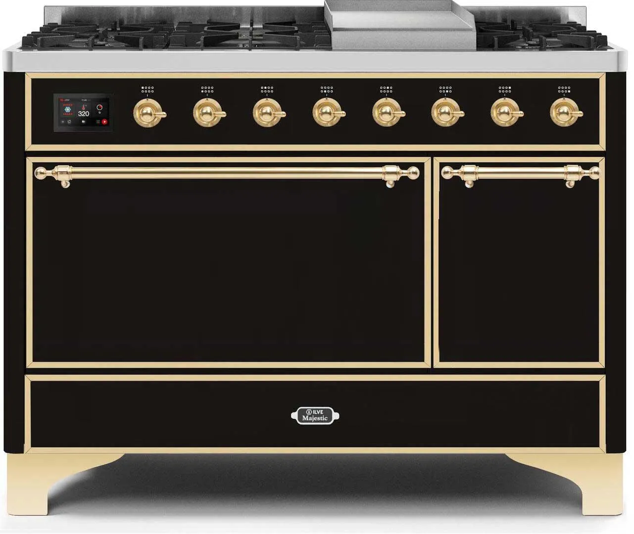 Ilve UM12FDQNS3BKG Majestic Ii 48 Inch Dual Fuel Natural Gas Freestanding Range In Glossy Black With Brass Trim Freestanding Ranges freestanding dual fuel range 30 inch