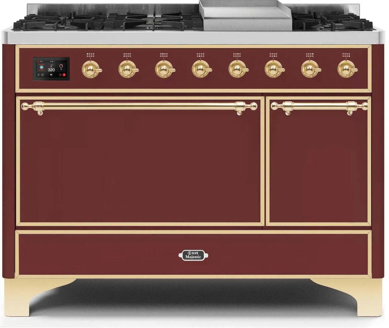 Ilve UM12FDQNS3BUGLP Majestic Ii 48 Inch Dual Fuel Liquid Propane Freestanding Range In Burgundy With Brass Trim Freestanding Ranges freestanding dual fuel range 30 inch