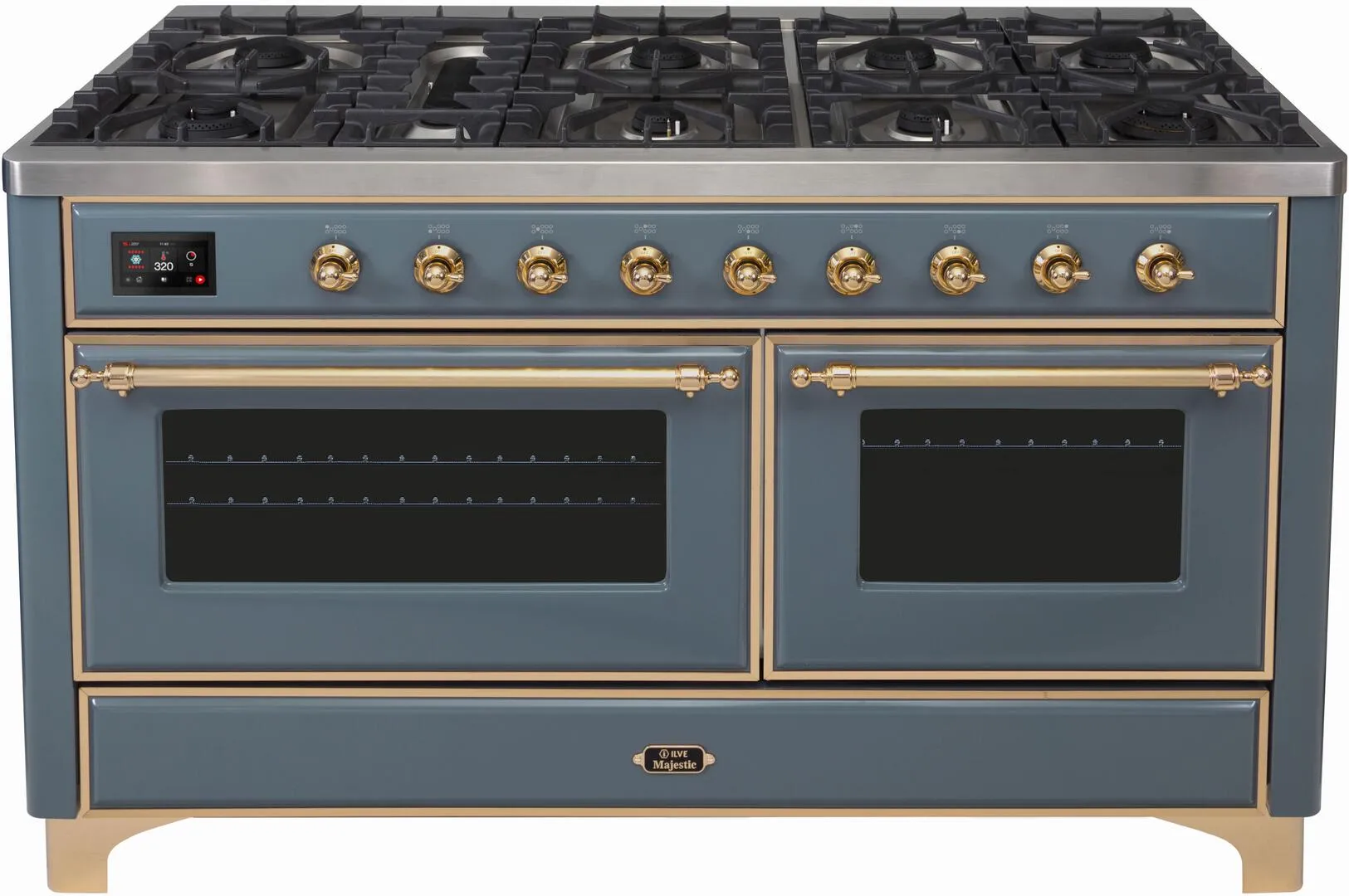 Ilve UM15FDNS3BGG Majestic Ii 60 Inch Dual Fuel Natural Gas Freestanding Range In Blue Grey With Brass Trim Freestanding Ranges freestanding dual fuel range 30 inch