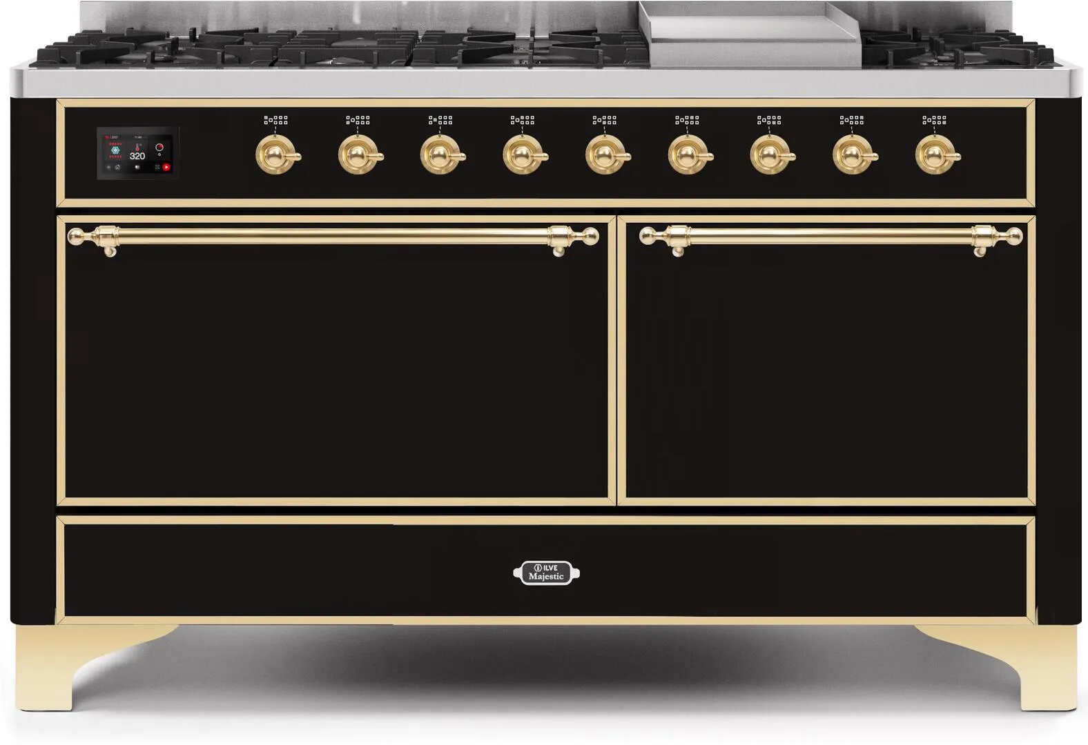 Ilve UM15FDQNS3BKG Majestic Ii 60 Inch Dual Fuel Natural Gas Freestanding Range In Glossy Black With Brass Trim Freestanding Ranges freestanding dual fuel range 30 inch