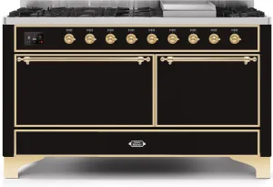 Ilve UM15FDQNS3BKG Majestic Ii 60 Inch Dual Fuel Natural Gas Freestanding Range In Glossy Black With Brass Trim Freestanding Ranges freestanding dual fuel range 30 inch
