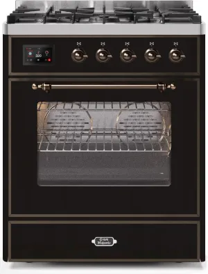 Ilve UM30DNE3BKB Majestic Ii 30 Inch Dual Fuel Natural Gas Freestanding Range In Glossy Black With Bronze Trim Freestanding Ranges freestanding dual fuel range 30 inch