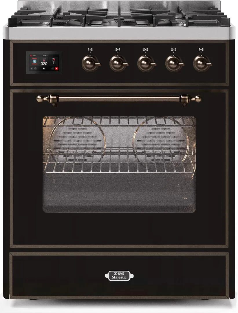 Ilve UM30DNE3BKB Majestic Ii 30 Inch Dual Fuel Natural Gas Freestanding Range In Glossy Black With Bronze Trim Freestanding Ranges freestanding dual fuel range 30 inch