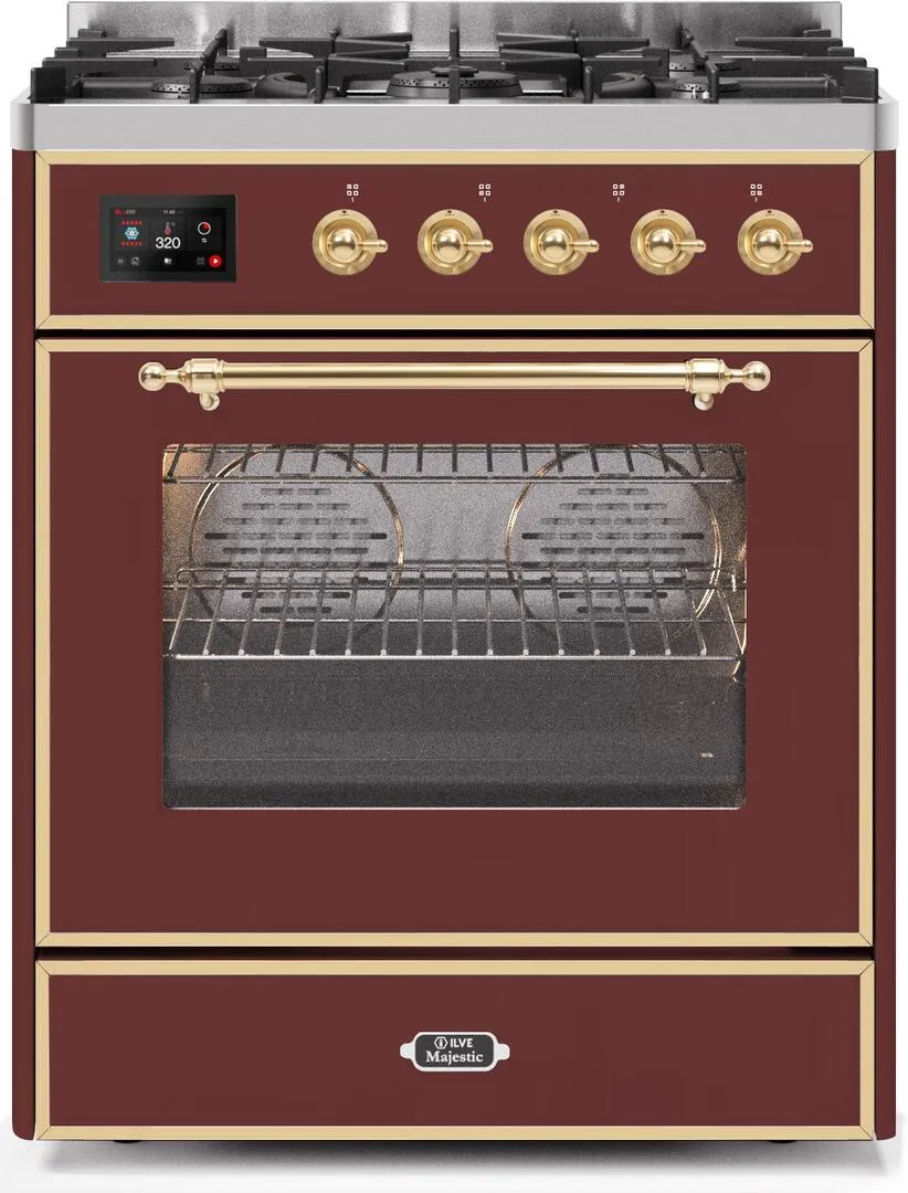 Ilve UM30DNE3BUGLP Majestic Ii 30 Inch Dual Fuel Liquid Propane Freestanding Range In Burgundy With Brass Trim Freestanding Ranges freestanding dual fuel range 30 inch